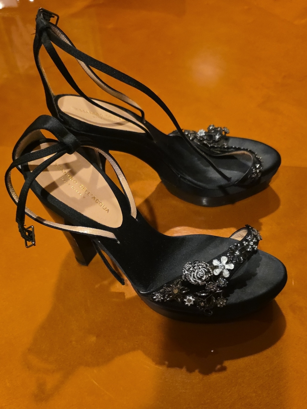 Alessandro Dell'Acqua Black Satin Crystal Floral Heel Sandals